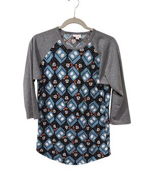 LuLaRoe Small Mickey Mouse Raglan Top With Blue & Gray Pattern